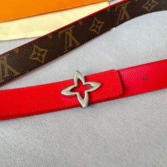 LV Flowergram 30mm Reversible Belt Silver Buckle Red Brown Leather