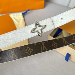 LV  MINI FLOWERGRAM 30MM REVERSIBLE BELT IN WHITE CALFSKIN SILVER HARDWARE