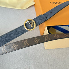 LV Circle 20mm Reversible Belt Gold Buckle Navy Blue Brown Leather