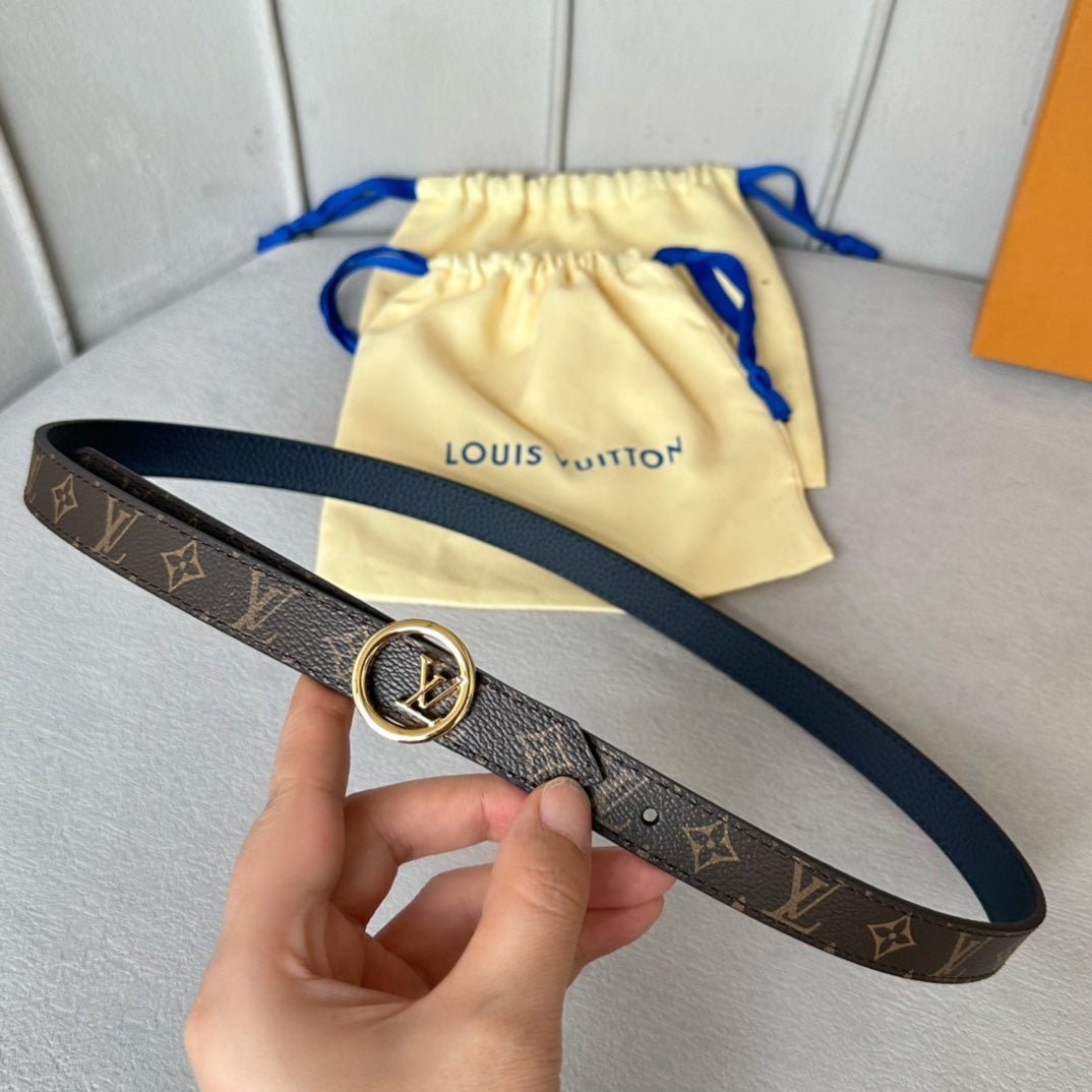 LV Circle 20mm Reversible Belt Gold Buckle Navy Blue Brown Leather