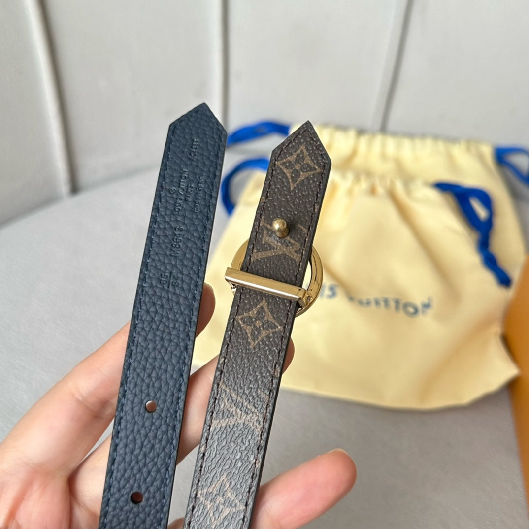 LV Circle 20mm Reversible Belt Gold Buckle Navy Blue Brown Leather