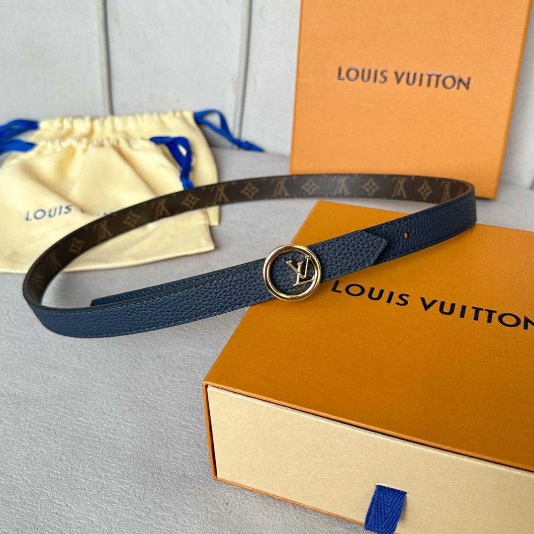 LV Circle 20mm Reversible Belt Gold Buckle Navy Blue Brown Leather