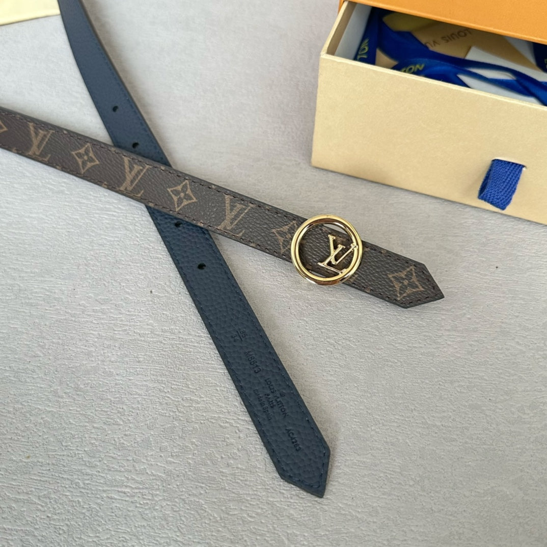 LV Circle 20mm Reversible Belt Gold Buckle Navy Blue Brown Leather