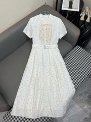 A-LINE BELTED DRESS WITH ROUND NECKLINE PRINTED