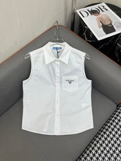 WHITE SLEEVELESS BUTTON-UP SHIRT