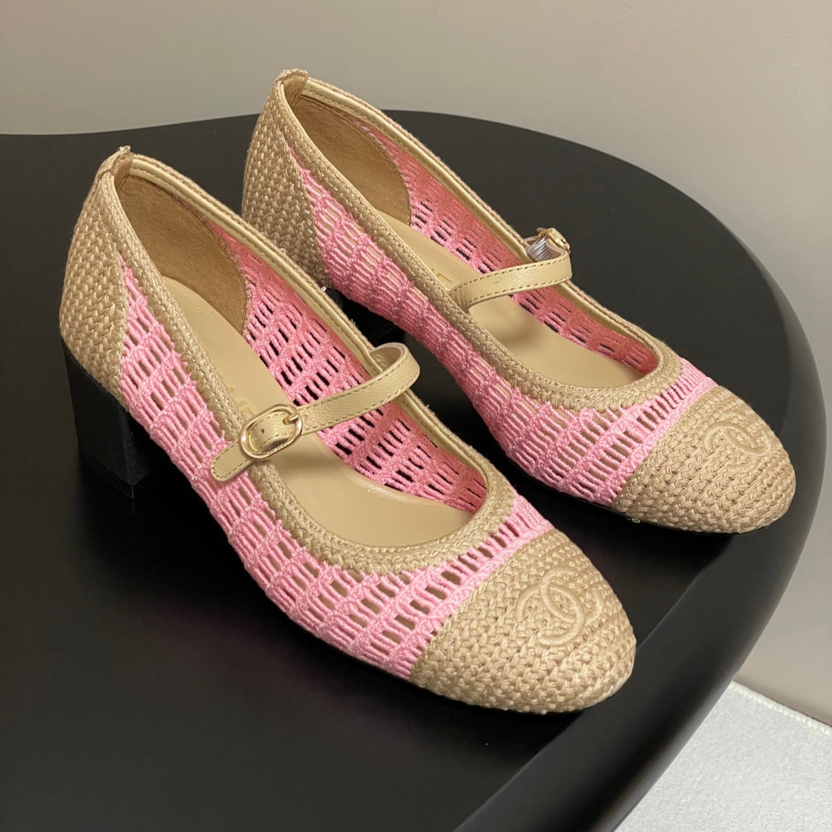 HIGH BALLET MARY JANE 50MM IN NATURAL BEIGE AND PINK RAFFIA