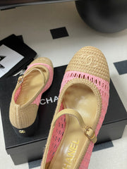 HIGH BALLET MARY JANE 50MM IN NATURAL BEIGE AND PINK RAFFIA