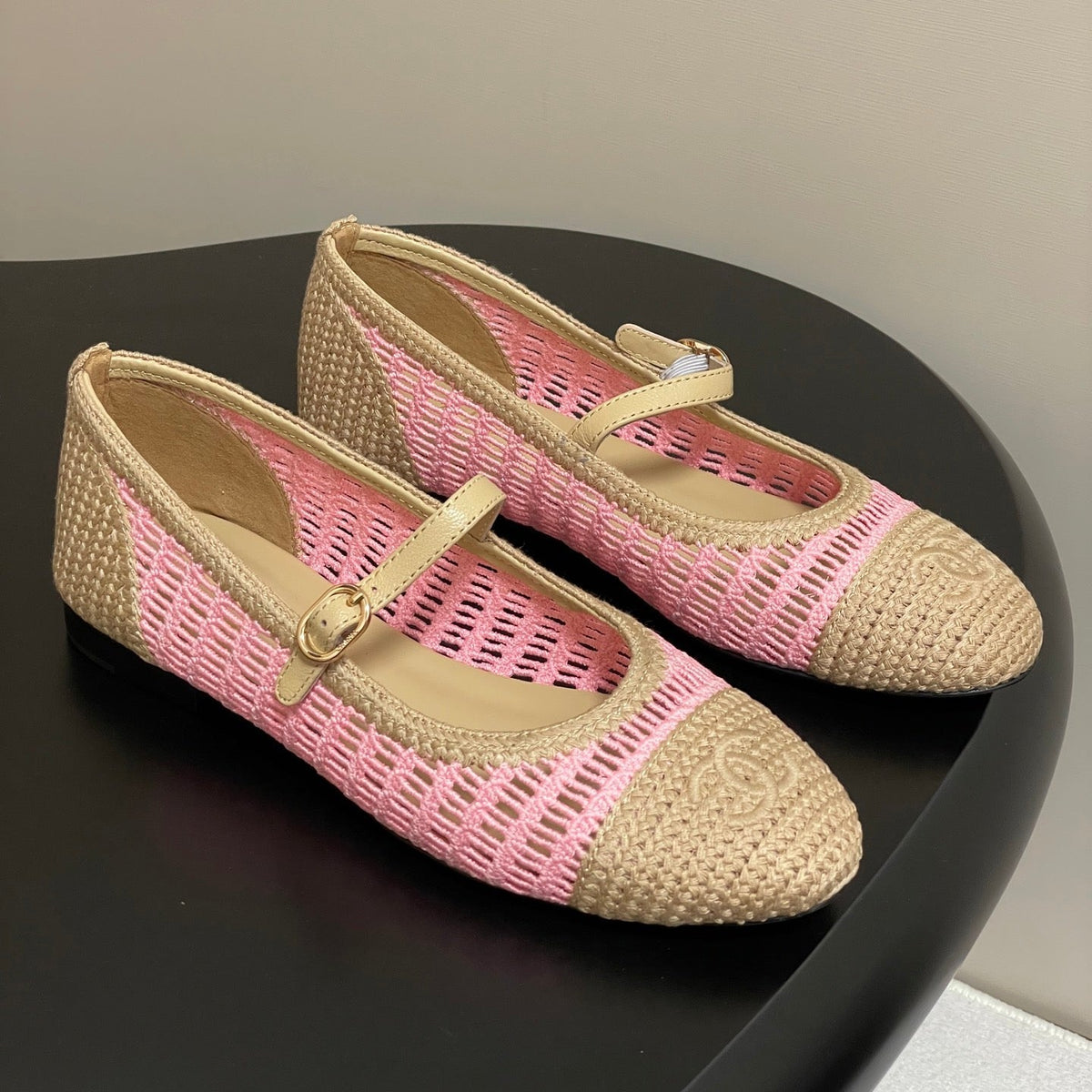 BALLET MARY JANE 10MM IN NATURAL BEIGE AND PINK RAFFIA