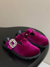 ROGER VIVIER 25S VIV' RANGERS MULES IN DARK MAGENTA VELVET EMBELLISHED CRYSTALS
