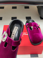 ROGER VIVIER 25S VIV' RANGERS MULES IN DARK MAGENTA VELVET EMBELLISHED CRYSTALS