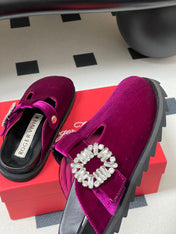 ROGER VIVIER 25S VIV' RANGERS MULES IN DARK MAGENTA VELVET EMBELLISHED CRYSTALS