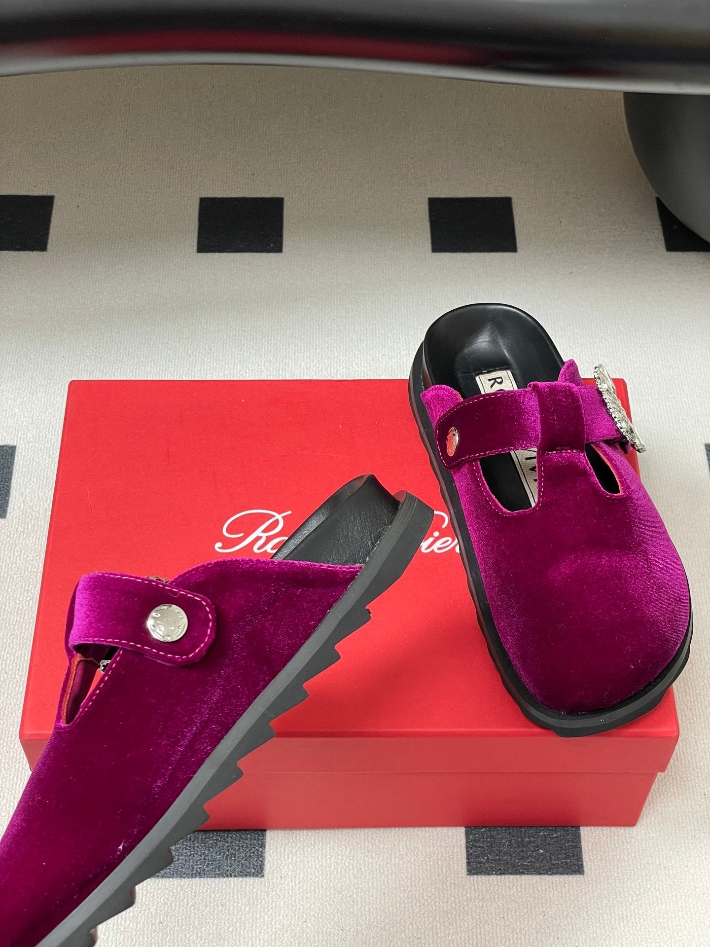 ROGER VIVIER 25S VIV' RANGERS MULES IN DARK MAGENTA VELVET EMBELLISHED CRYSTALS
