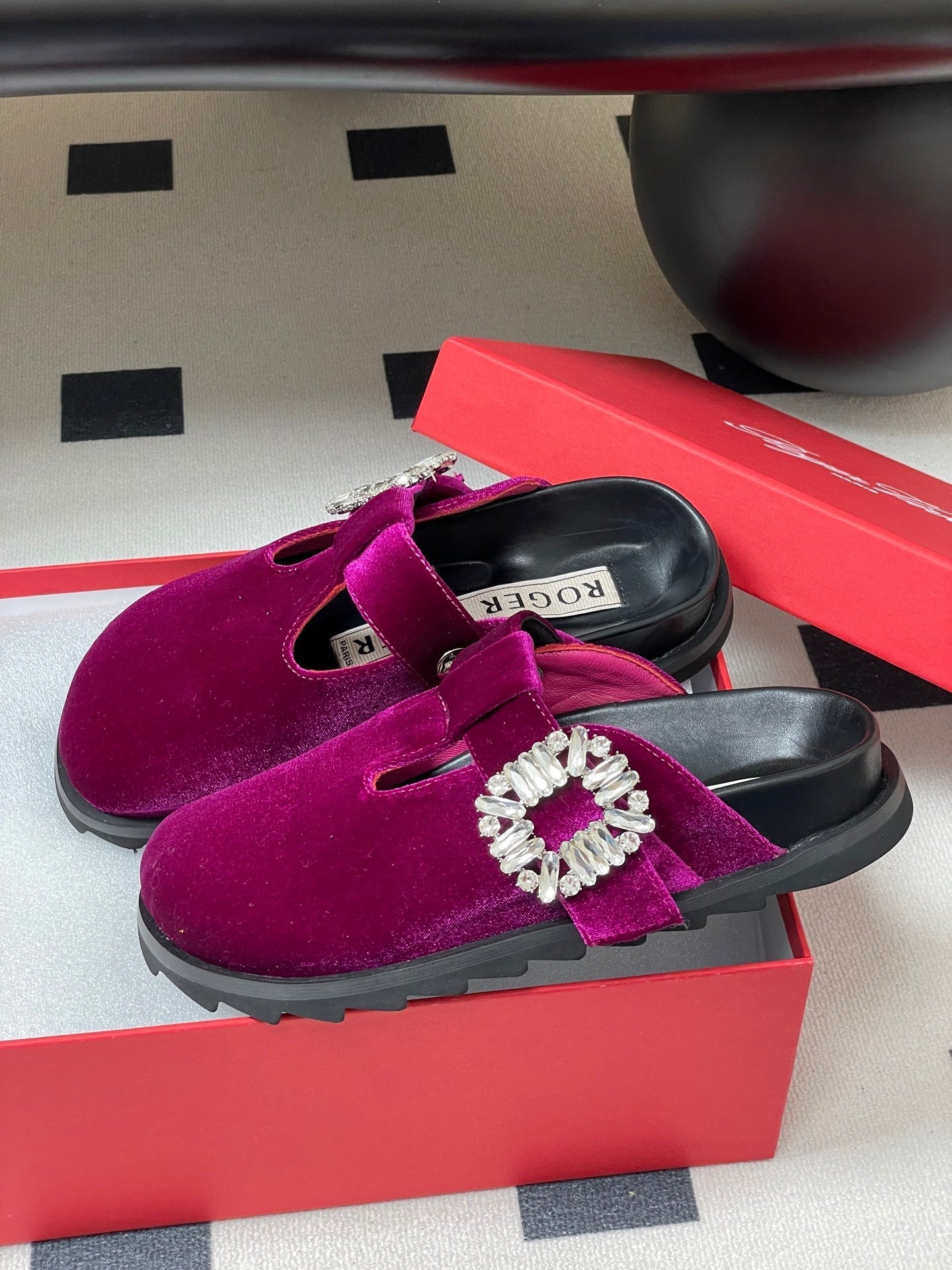 ROGER VIVIER 25S VIV' RANGERS MULES IN DARK MAGENTA VELVET EMBELLISHED CRYSTALS