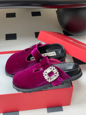 ROGER VIVIER 25S VIV' RANGERS MULES IN DARK MAGENTA VELVET EMBELLISHED CRYSTALS