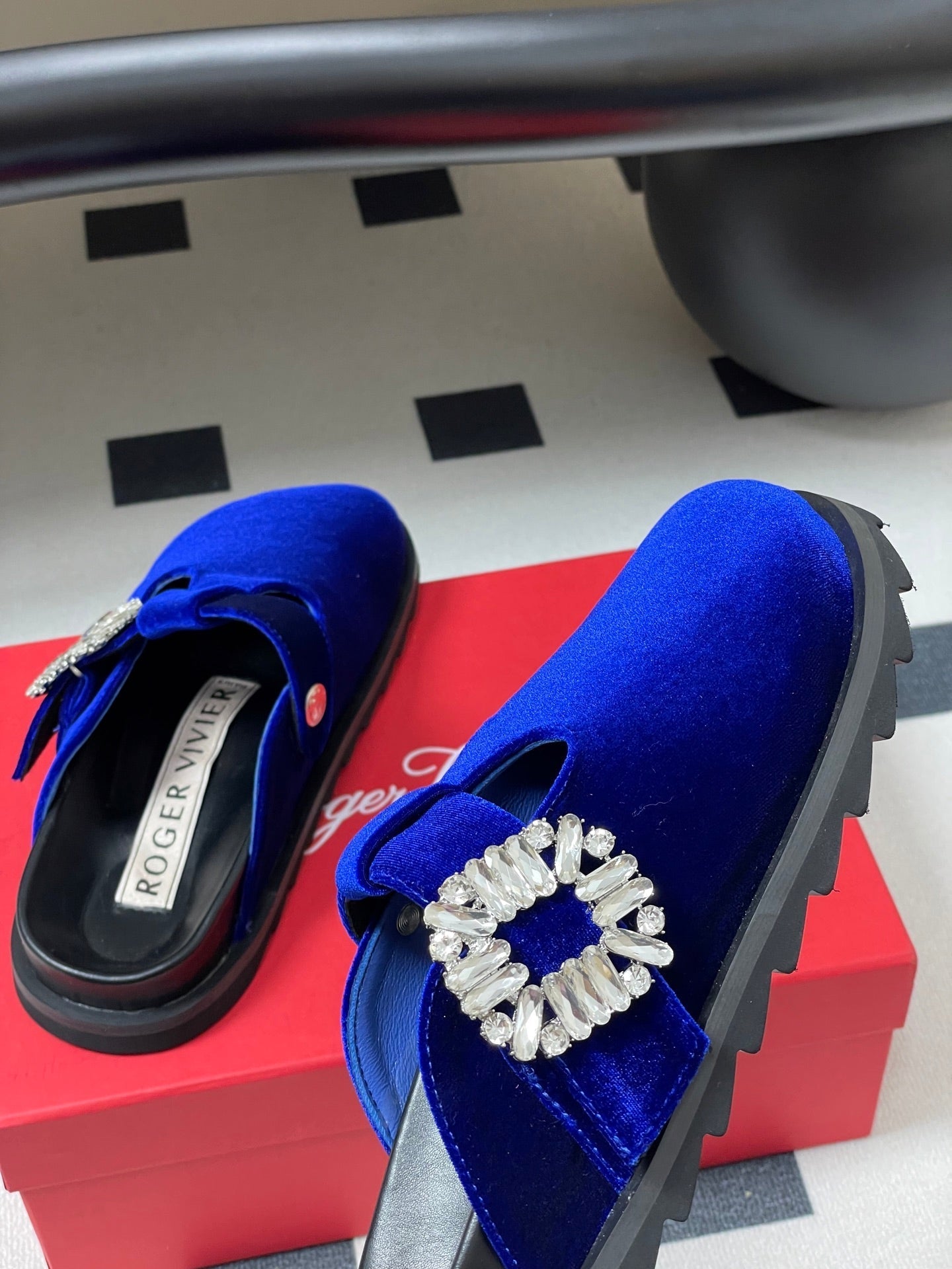 ROGER VIVIER 25S VIV' RANGERS MULES IN DARK BLUE VELVET EMBELLISHED CRYSTALS