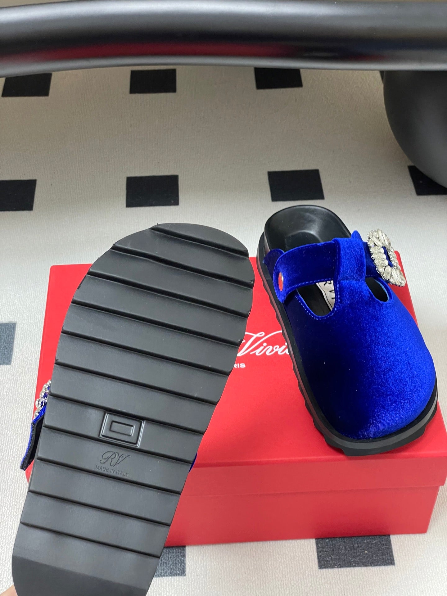 ROGER VIVIER 25S VIV' RANGERS MULES IN DARK BLUE VELVET EMBELLISHED CRYSTALS