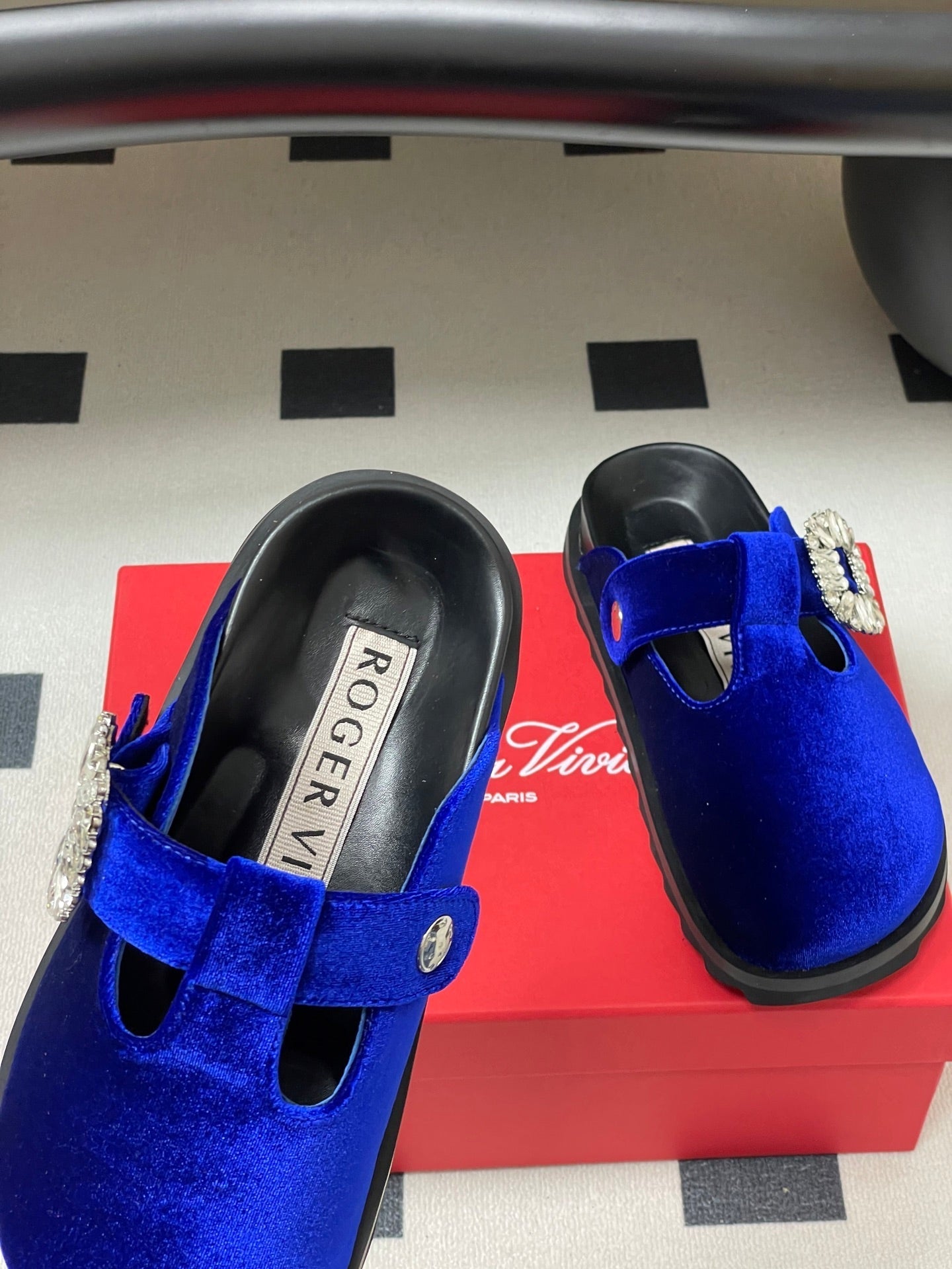 ROGER VIVIER 25S VIV' RANGERS MULES IN DARK BLUE VELVET EMBELLISHED CRYSTALS