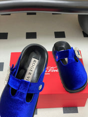 ROGER VIVIER 25S VIV' RANGERS MULES IN DARK BLUE VELVET EMBELLISHED CRYSTALS