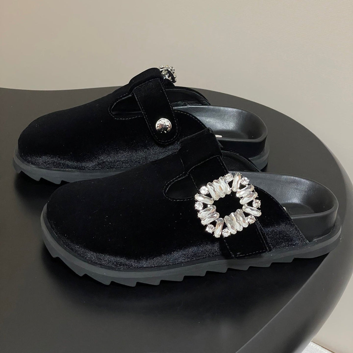 ROGER VIVIER 25S VIV' RANGERS MULES IN BLACK VELVET EMBELLISHED CRYSTALS