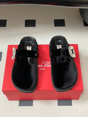 ROGER VIVIER 25S VIV' RANGERS MULES IN BLACK VELVET EMBELLISHED CRYSTALS