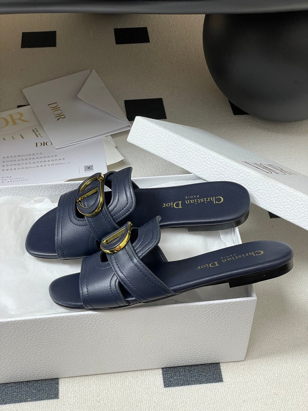 DIOR CLASSIC MONTAIGNE SANDALS 25S IN MIDNIGHT BLUE LAMBSKIN WITH CD LOGO
