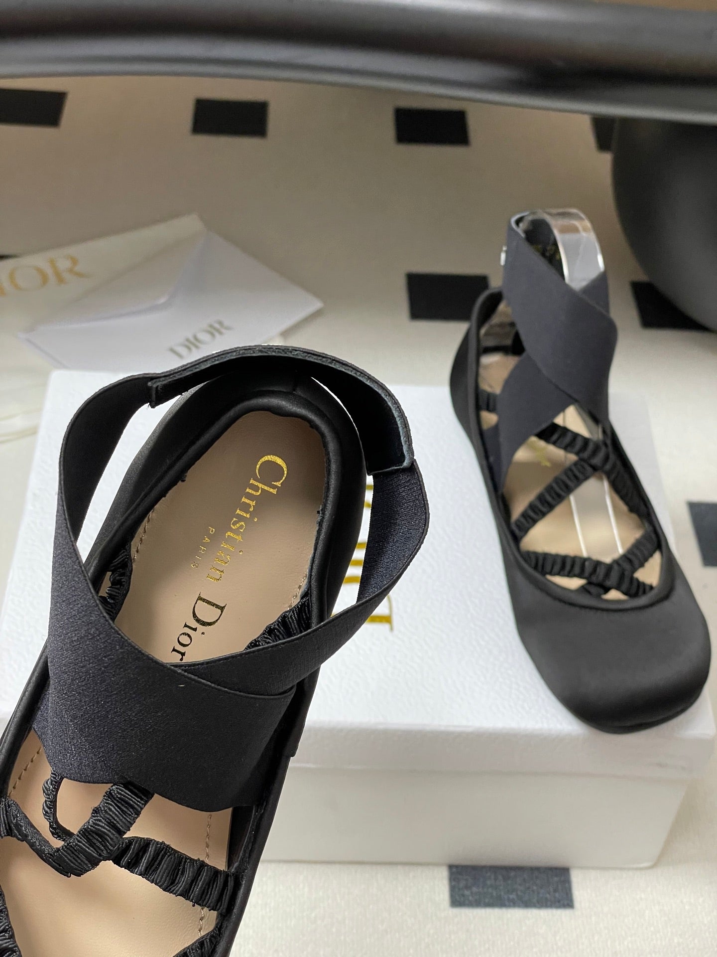 DIOR STRETCH BALLET FLATS 25S IN BLACK FABRIC WITH CROSSED STRAPS
