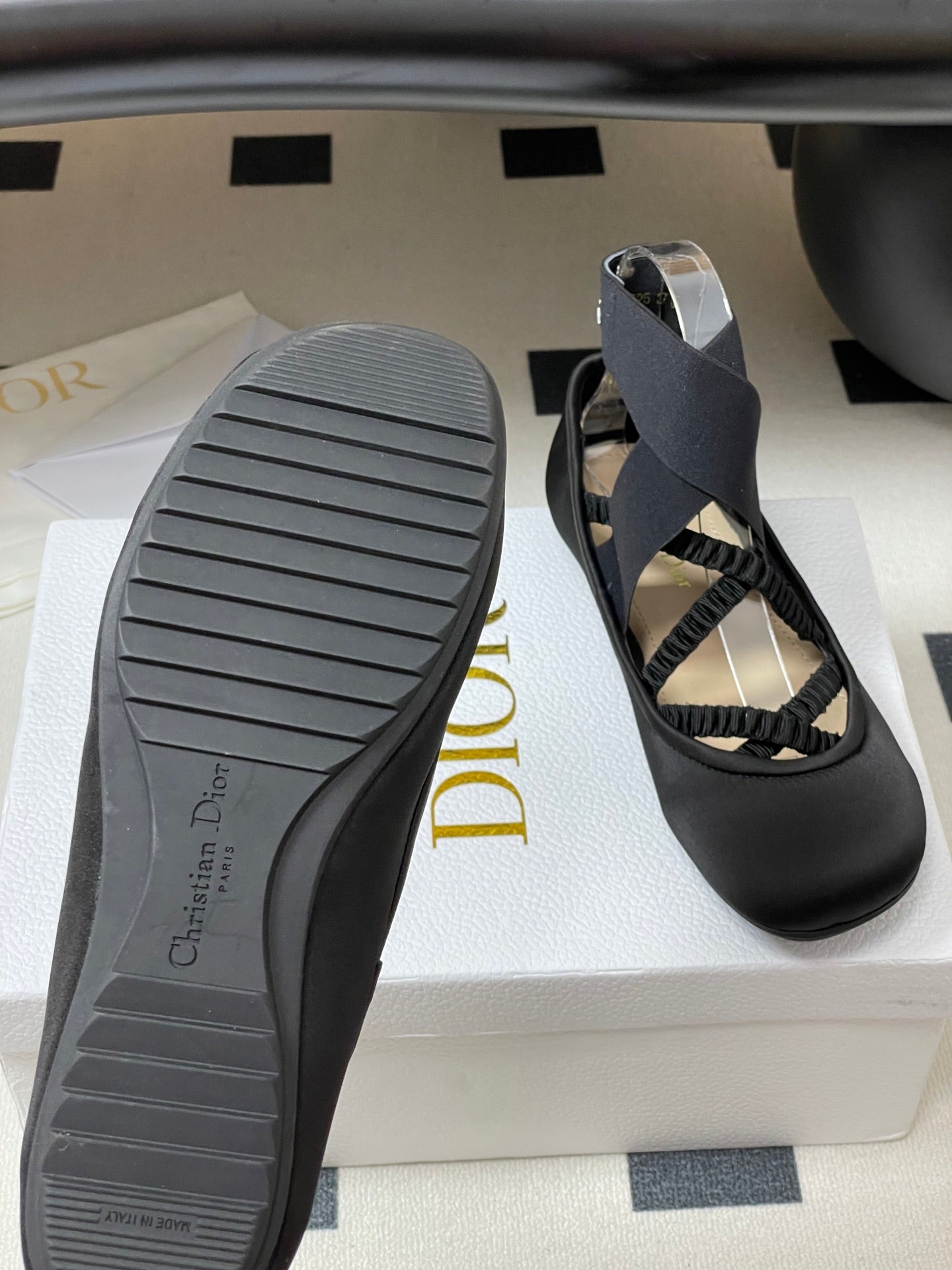 DIOR STRETCH BALLET FLATS 25S IN BLACK FABRIC WITH CROSSED STRAPS