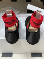 DIOR STRETCH BALLET FLATS 25S IN BLACK MIX RED FABRIC WITH CROSSED STRAPS