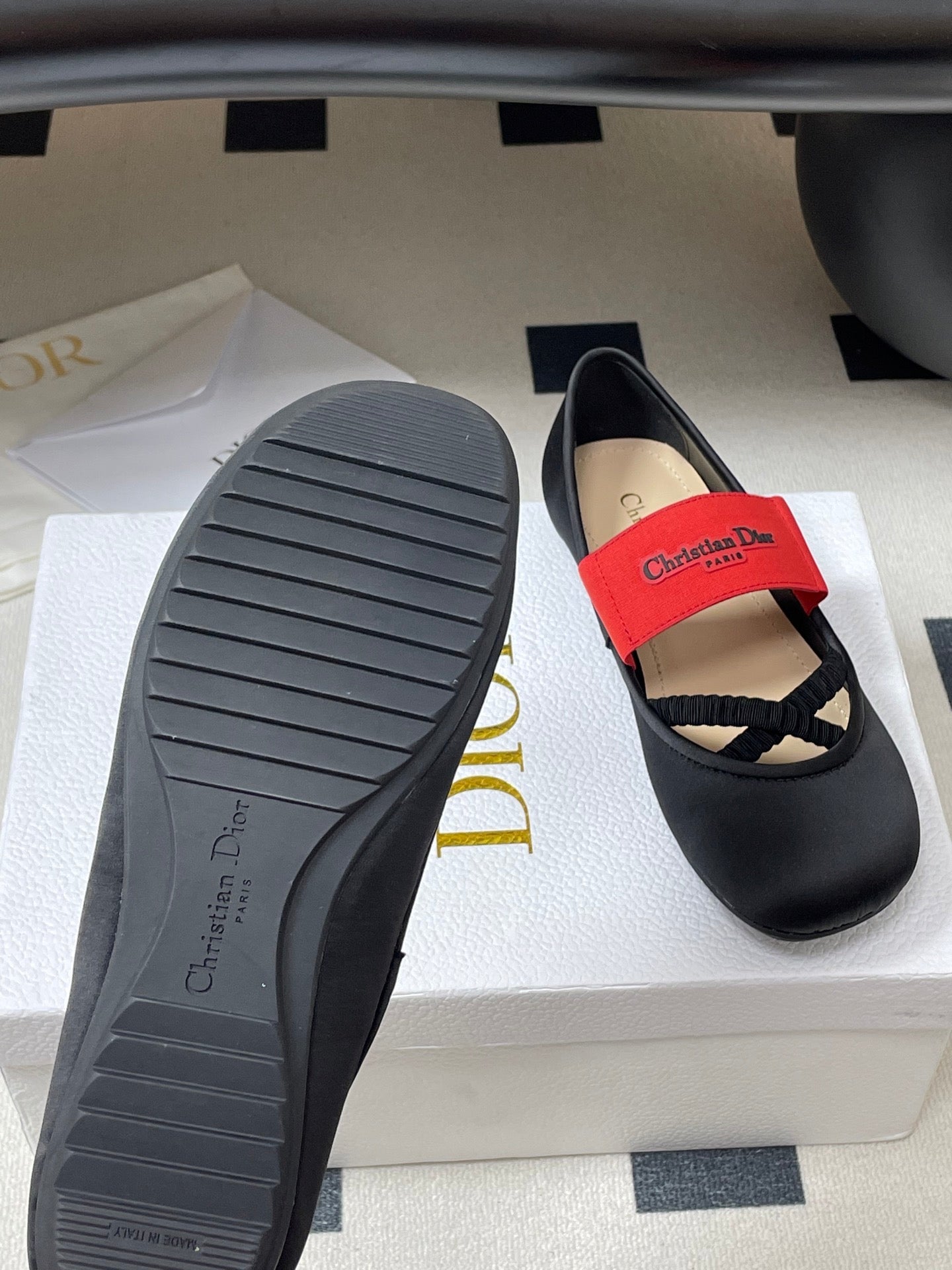 DIOR STRETCH BALLET FLATS 25S IN BLACK MIX RED FABRIC