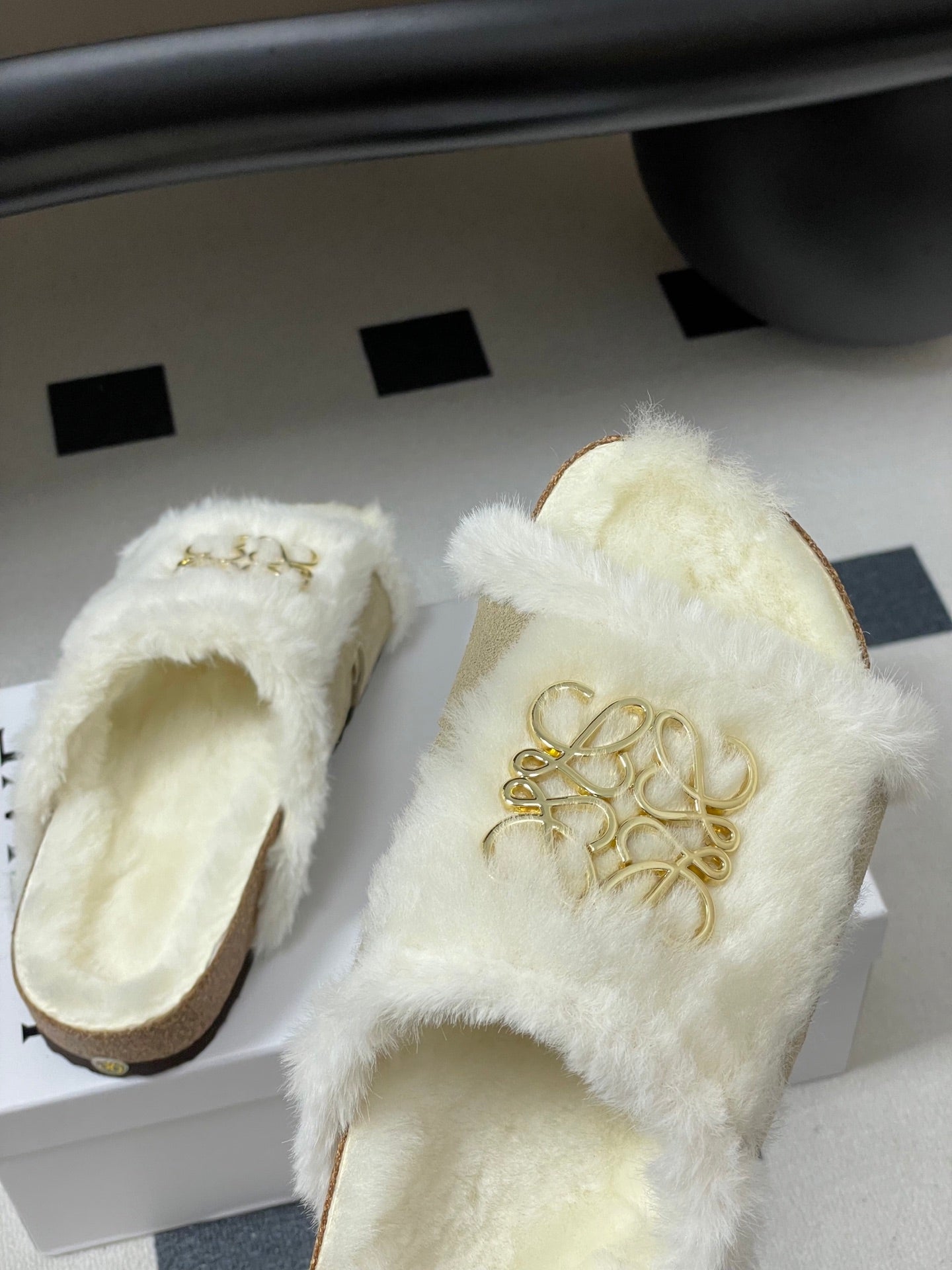 LOEWE X BIRKENSTOCK SLIPPERS WHITE GRAY FUR
