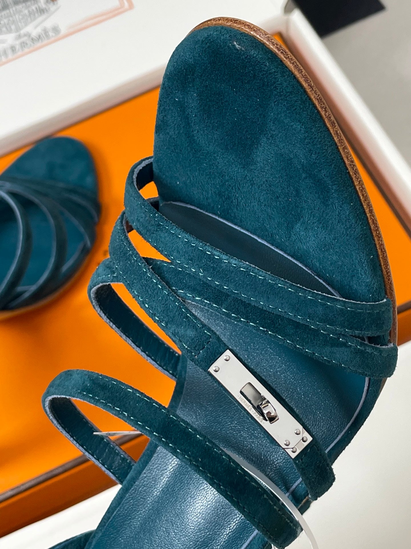 HM 25S HIGH-HEEL SANDAL 105 MM IN DARK BLUE SUEDE