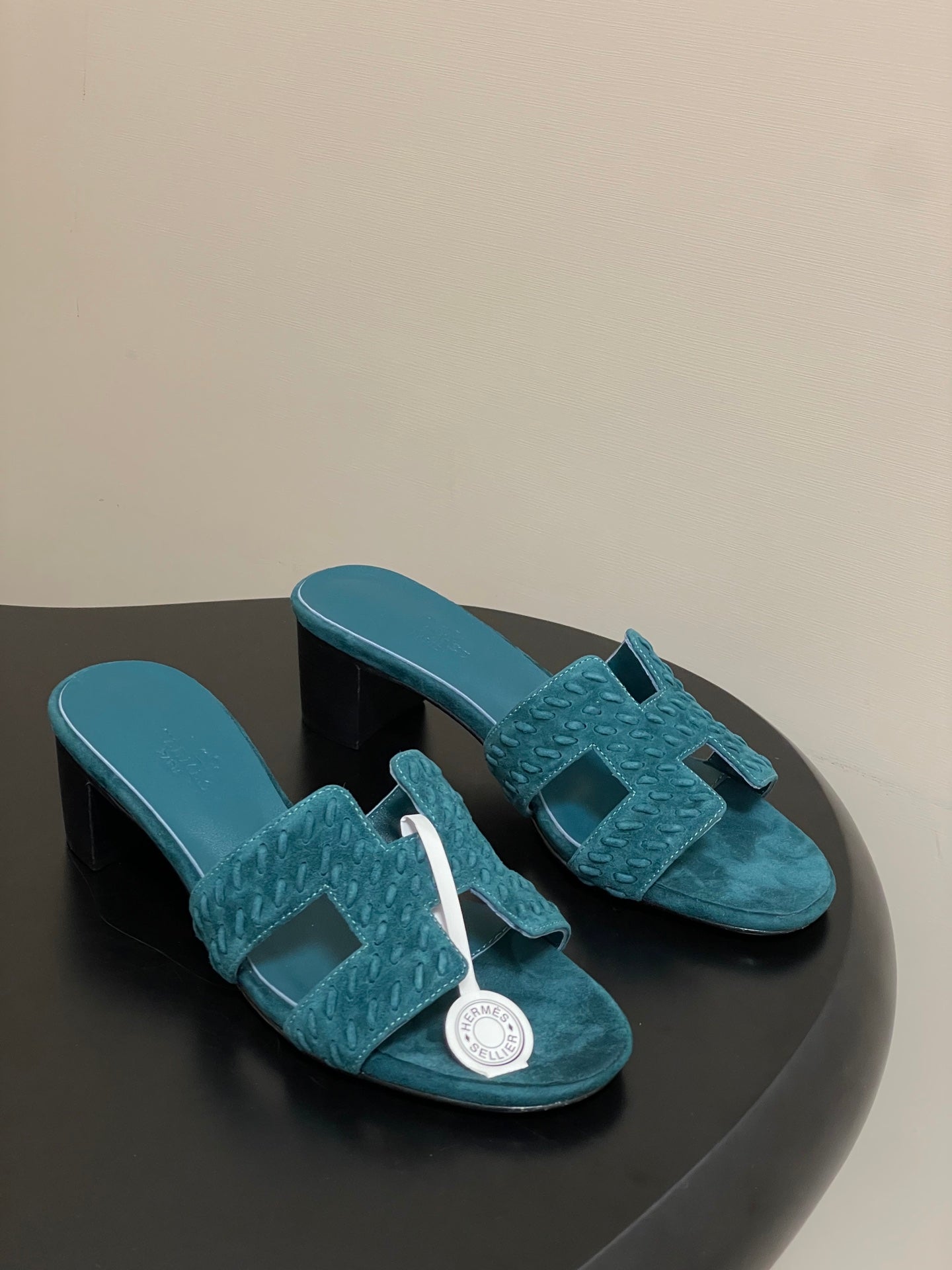 HM 25S ORAN HIGH‑HEEL SANDAL IN DARK BLUE SUEDE AND LAMBSKIN