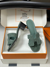 HM 25S ORAN HIGH‑HEEL SANDAL IN MUTED MINT GREEN SUEDE AND LAMBSKIN