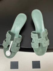 HM 25S ORAN HIGH‑HEEL SANDAL IN MUTED MINT GREEN SUEDE AND LAMBSKIN