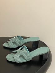 HM 25S ORAN HIGH‑HEEL SANDAL IN MUTED MINT GREEN SUEDE AND LAMBSKIN