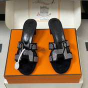 HM 25S ORAN HIGH‑HEEL SANDAL 50 MM IN BLACK LAMBSKIN WITH WHITE STONE DETAILS