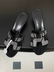 HM 25S ORAN HIGH‑HEEL SANDAL 50 MM IN BLACK LAMBSKIN WITH WHITE STONE DETAILS