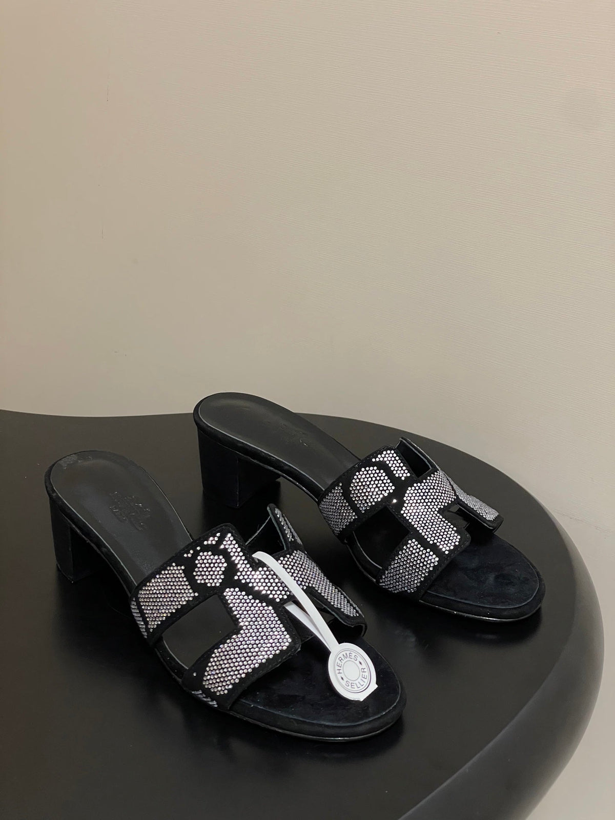 HM 25S ORAN HIGH‑HEEL SANDAL 50 MM IN BLACK LAMBSKIN WITH WHITE STONE DETAILS