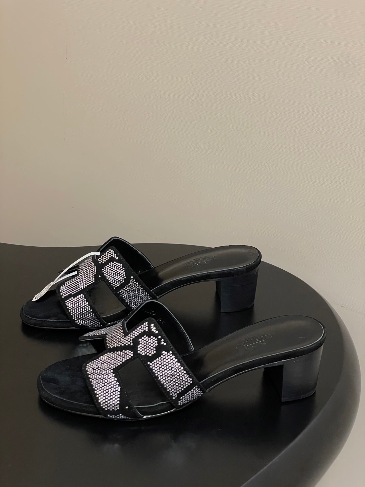 HM 25S ORAN HIGH‑HEEL SANDAL 50 MM IN BLACK LAMBSKIN WITH WHITE STONE DETAILS