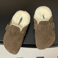 BALENCIAGA 25S FUR-LINED MULES IN DARK EARTH BROWN FAUX LEATHER