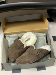 BALENCIAGA 25S FUR-LINED MULES IN DARK EARTH BROWN FAUX LEATHER