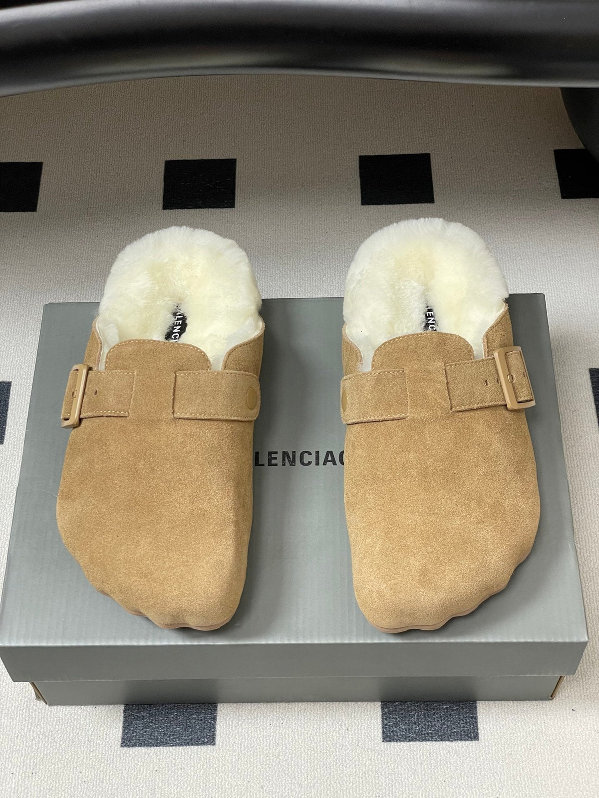 BALENCIAGA 25S FUR-LINED MULES IN LIGHT BROWN FAUX LEATHER