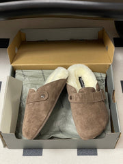 BALENCIAGA 25S FUR-LINED MULES IN EARTH BROWN FAUX LEATHER