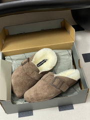 BALENCIAGA 25S FUR-LINED MULES IN EARTH BROWN FAUX LEATHER