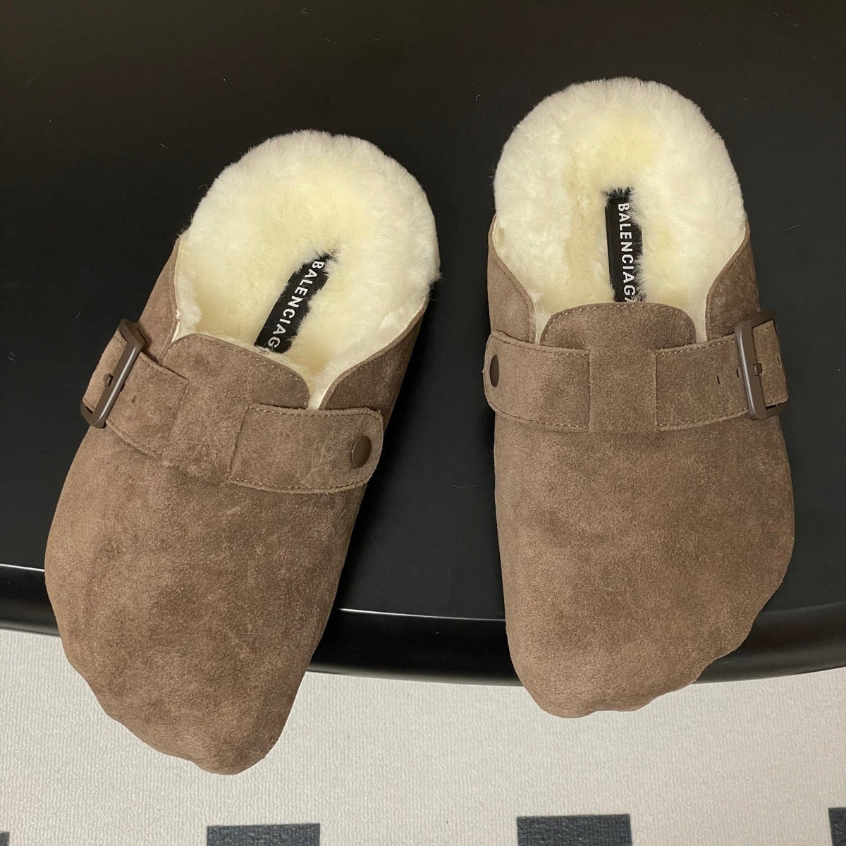BALENCIAGA 25S FUR-LINED MULES IN EARTH BROWN FAUX LEATHER