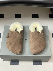 BALENCIAGA 25S FUR-LINED MULES IN EARTH BROWN FAUX LEATHER