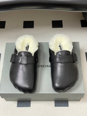 BALENCIAGA 25S FUR-LINED MULES IN BLACK FAUX LEATHER