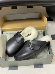 BALENCIAGA 25S FUR-LINED MULES IN BLACK FAUX LEATHER