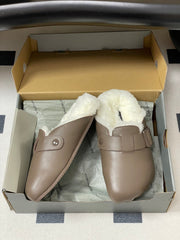 BALENCIAGA 25S FUR-LINED MULES IN TAUPE GRAY FAUX LEATHER