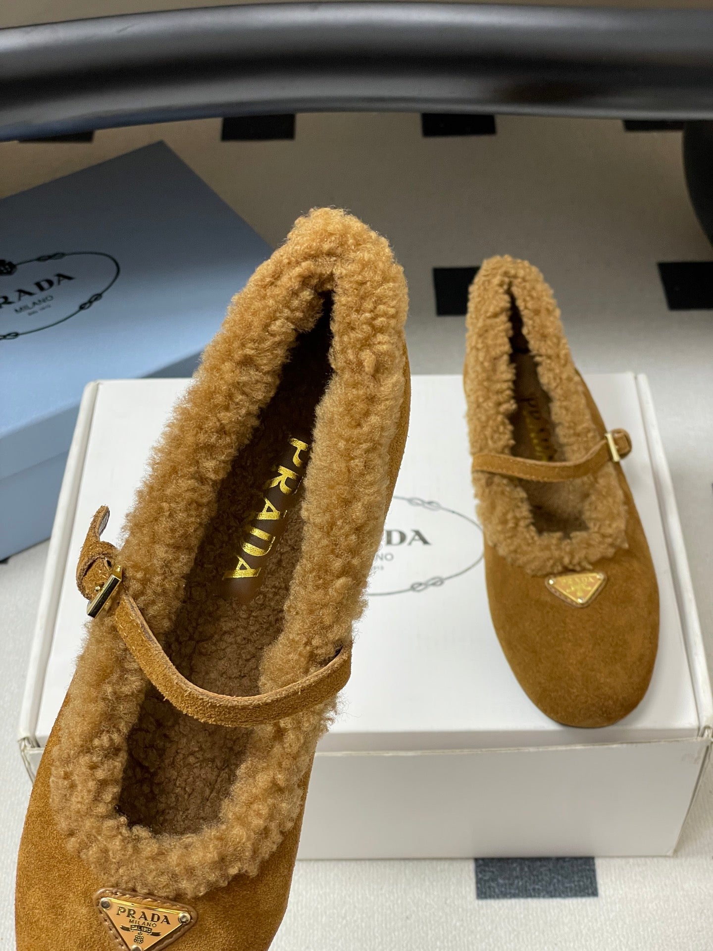 PRADA 25S MARY JANE FLATS IN DARK WALNUT BROWN SUEDE WITH GOLD HARDWARE